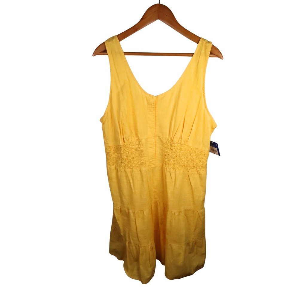 NWT Women Yellow Linen Blend Smocked Empire Waist Tiered Mini Dress XXL